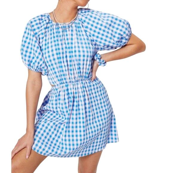 NASTYGAL Gingham Puff Sleeve Open Back Mini Dress Scrunchie Size US 6 NWT - Picture 1 of 10